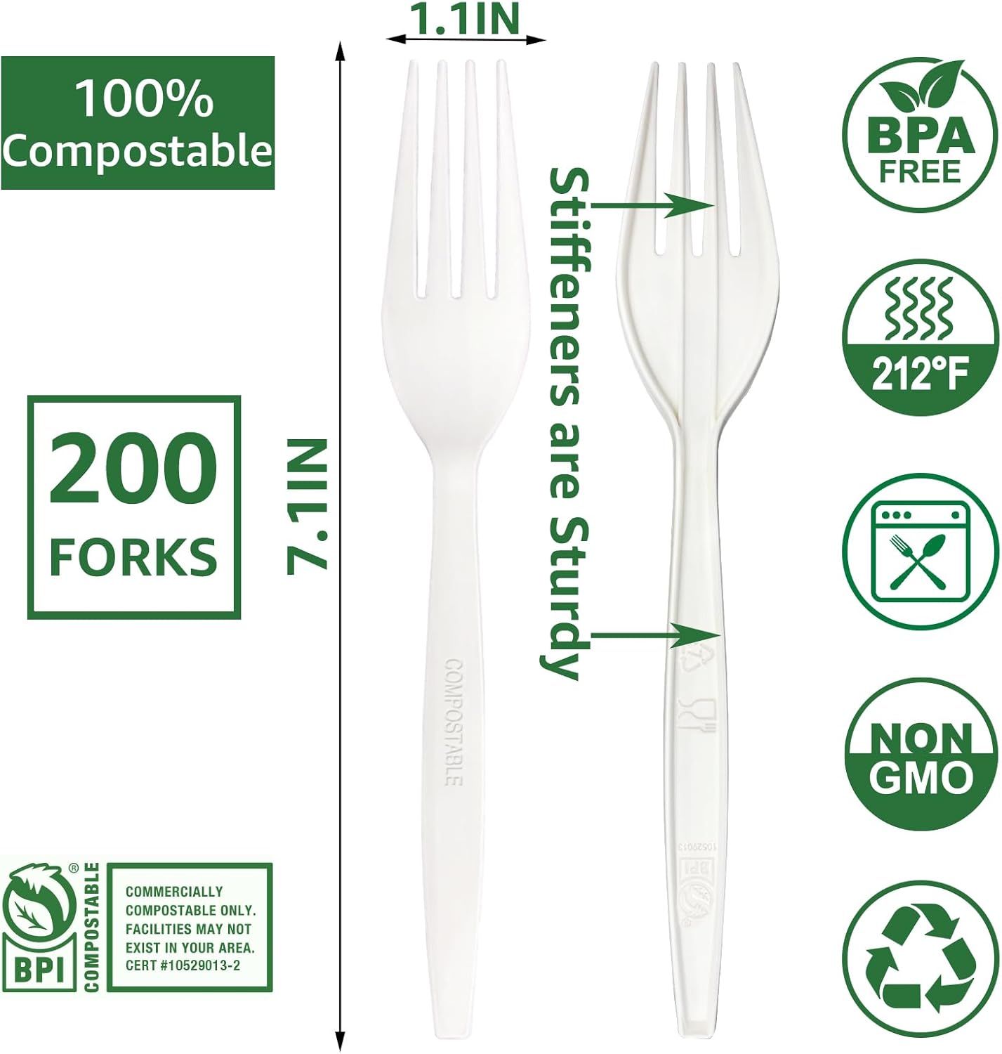 MISISIPI [7.1In 200Pcs] 100% Compostable Forks Biodegradable Forks HeavyDuty No Plastic Forks Eco-friendly HeavyWeight Disposable Forks Tableware Set for Lounge,Party,BBQ,Cafeteria,Wedding,Picnic - Image 3