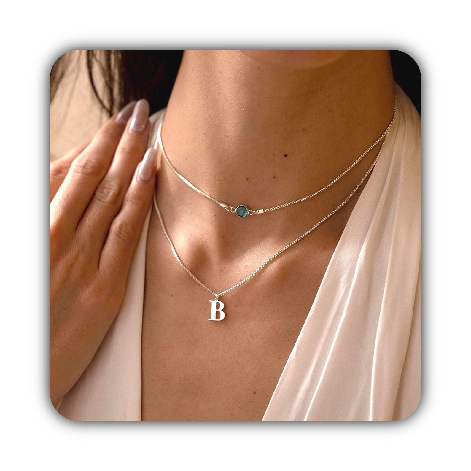 Personalizzato collana con iniziale con pietra portafortuna, su misura a strati pietra portafortuna collana con iniziale, due a strati Natale per lei
