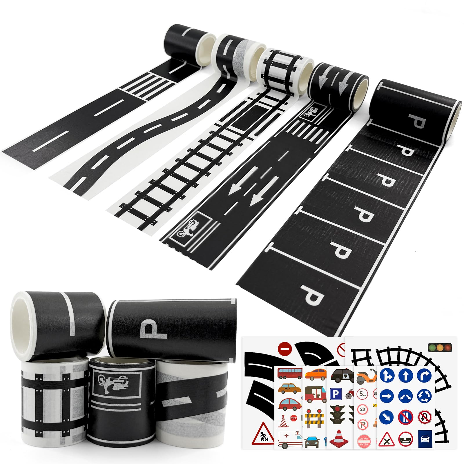 12 Pieces Road Tape DIY Traffic Sign Set,Road Tape for Toy Cars,Easy to Apply and Remove,Durable Removable Train Track Tape for Kids to Develop Children'S Imagination,Traffic Sign Stickers