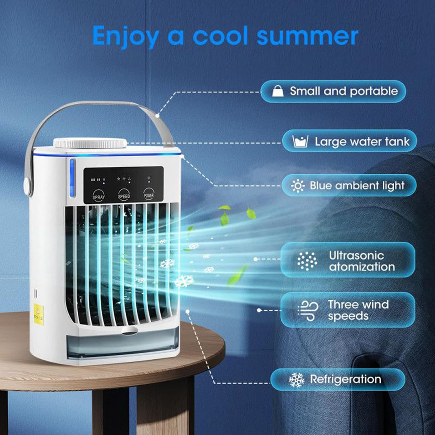 Ortable Fan Air Conditioner, biurkowy wentylator chłodzący, regulacja prędkości wiatru z trzema prędkościami, dwa tryby do wyboru, przenośny uchwyt do domu, biura, namiotu, pojazdu