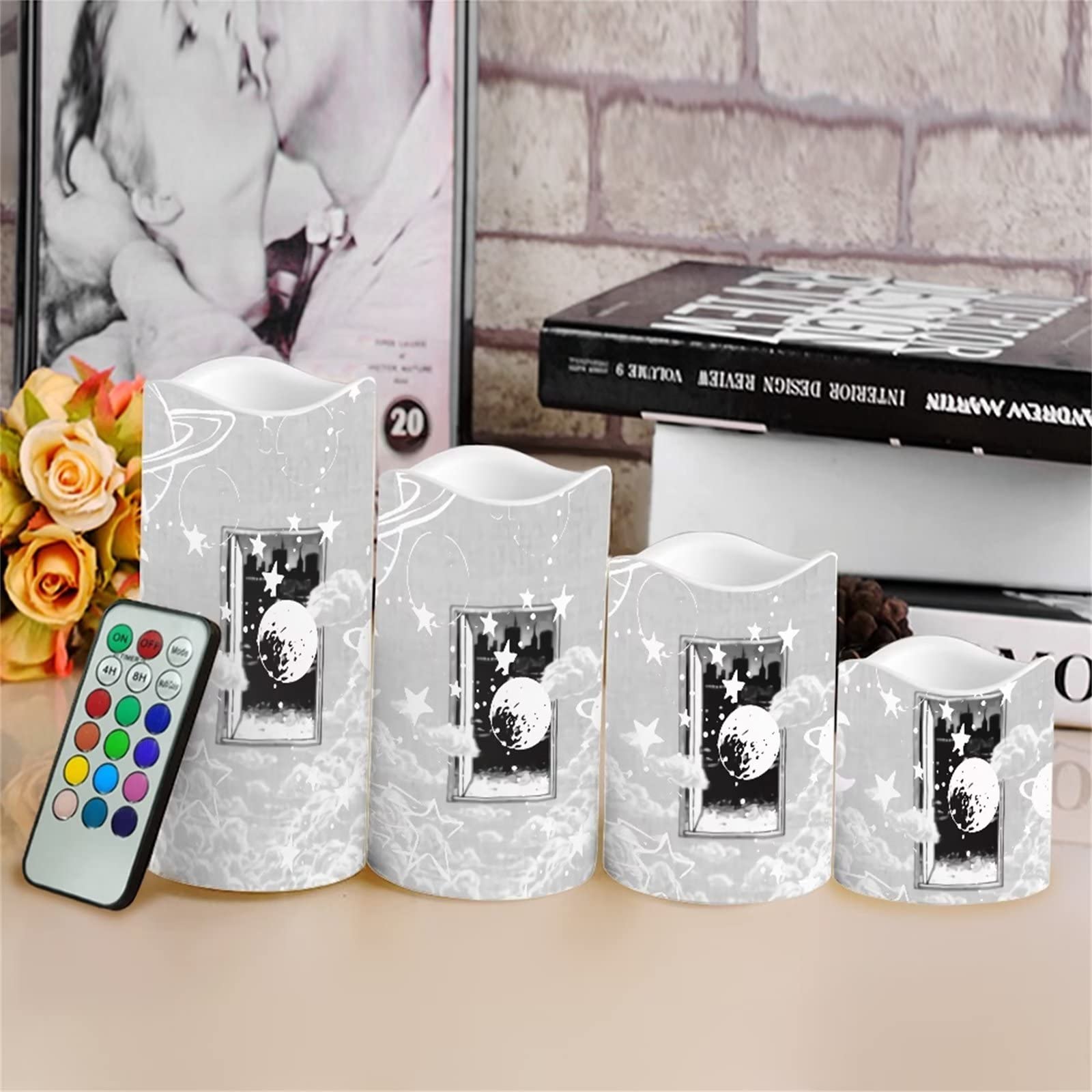 Moon and Start - Candele senza fiamma, con pilastri in vera cera a LED e telecomando a 18 tasti, alimentato a batteria, con timer, confezione da 4