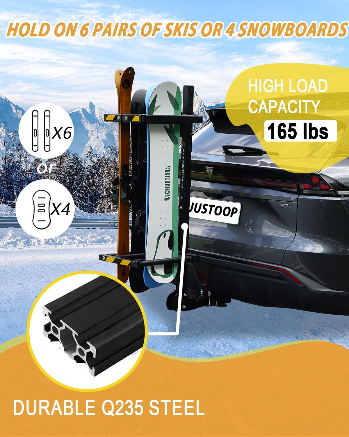 Folding Hitch Mounted Ski and Snowboard Rack with Security Lock, Trailer Hitch Ski Rack with Security Strap, Tilt Access, Carries up to 6 Pairs of Skis or 4 Snowboards, Fit for 2 in Receiver