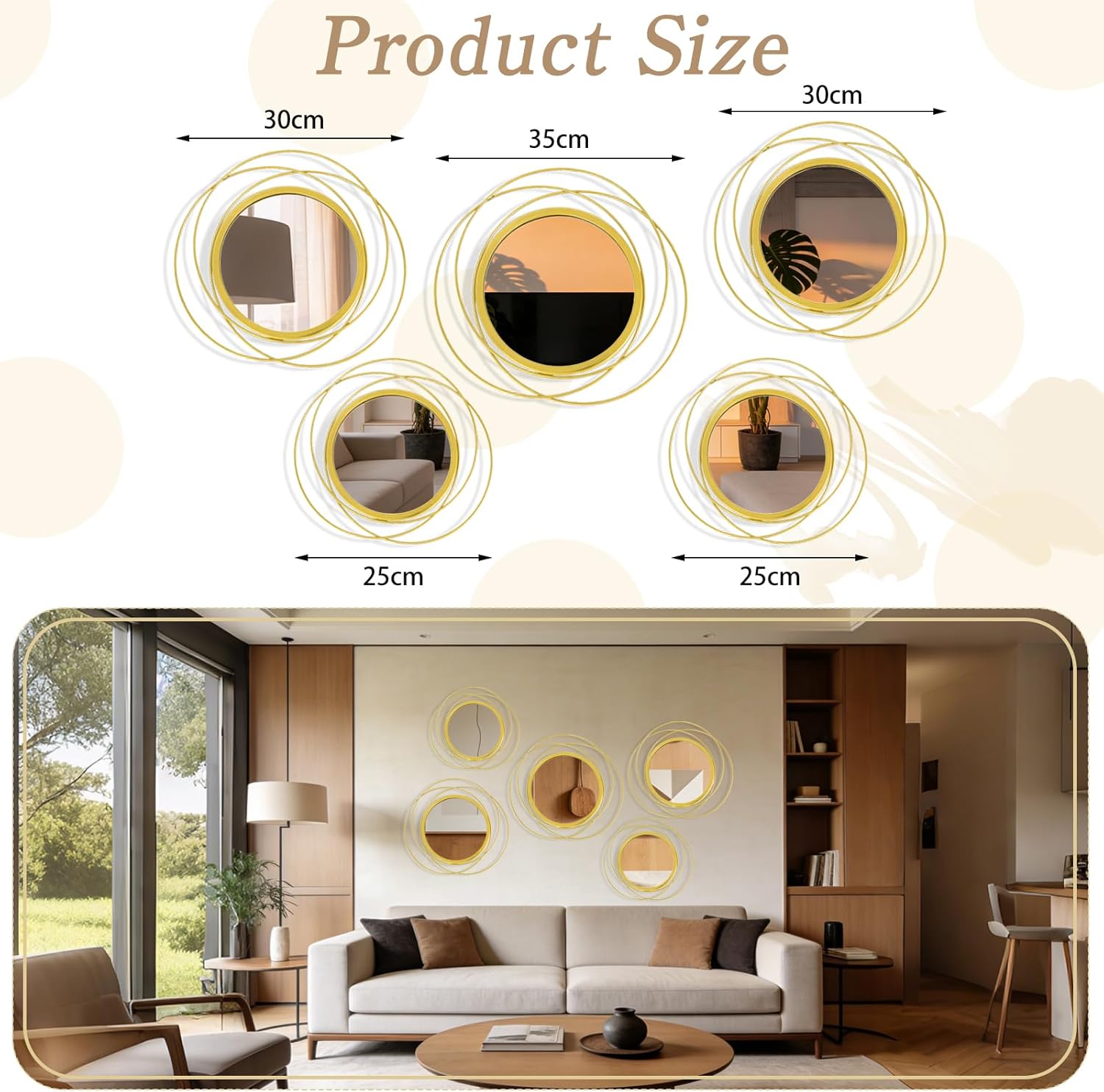 5 Pcs Decorative Round Modern Gold Circle Mirror Metal Wall Mounted Mirror Wall Art Ring for Hallway, Entryway, Living Room, Dining Room, Bedroom