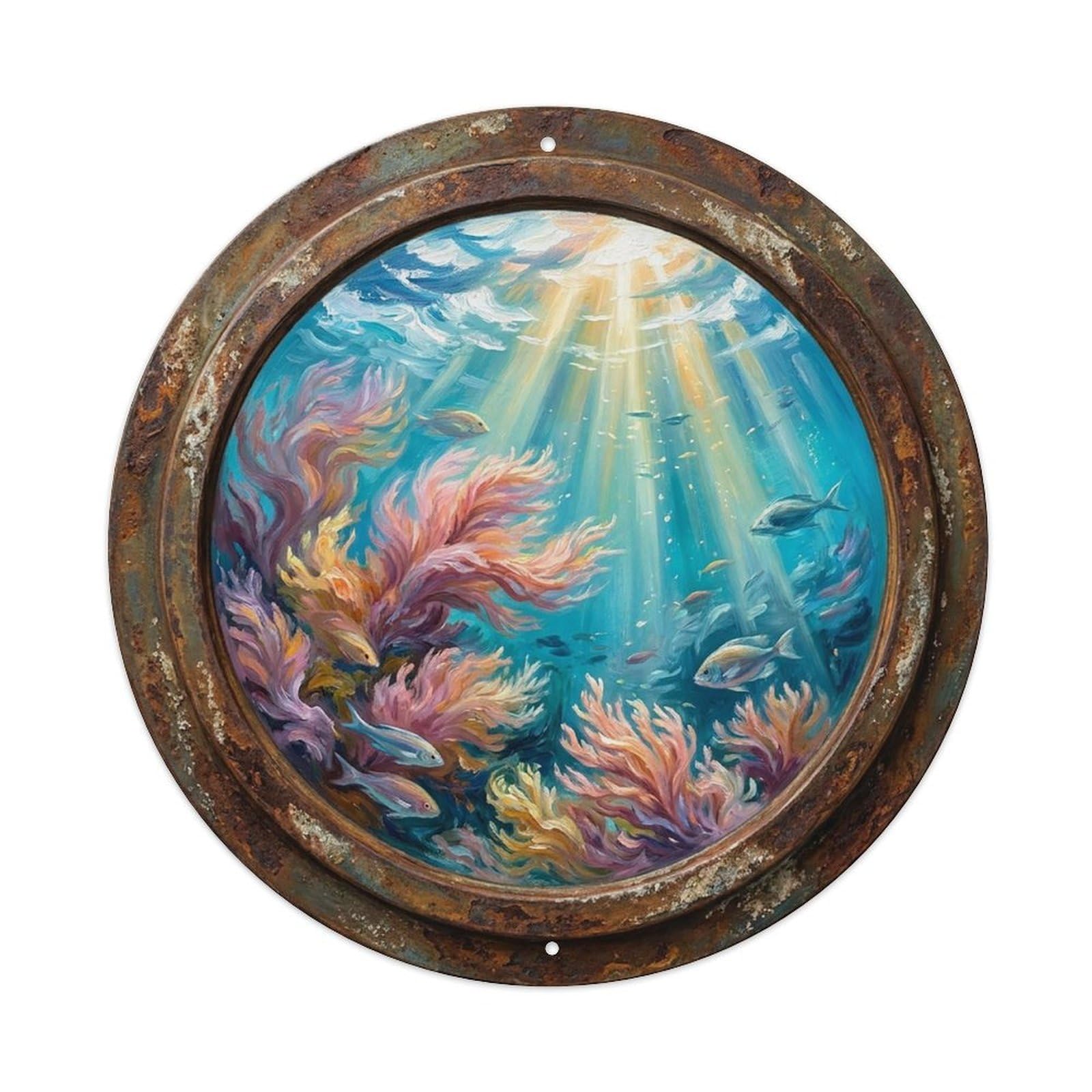 Vintage Porthole Soft Coral Wave Ship Window Under Deep Metal Tin Sign