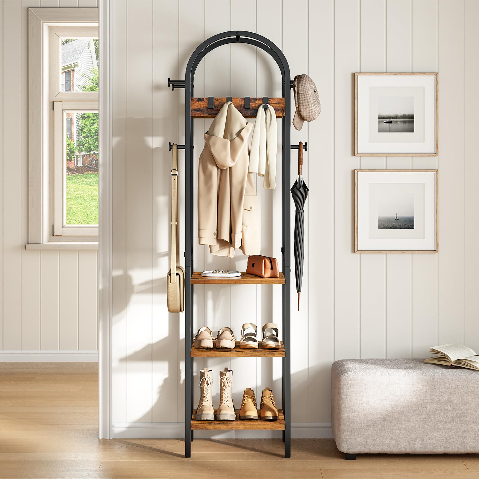HOOBRO Perchero de Pie con 12 Ganchos y 3 Estantes de Almacenamiento, para Ropa, Sombreros, Bolsos y Accesorios, Entrada, Sala de Estar, Dormitorio, Marrón Rústico y Negro EBF40YM01