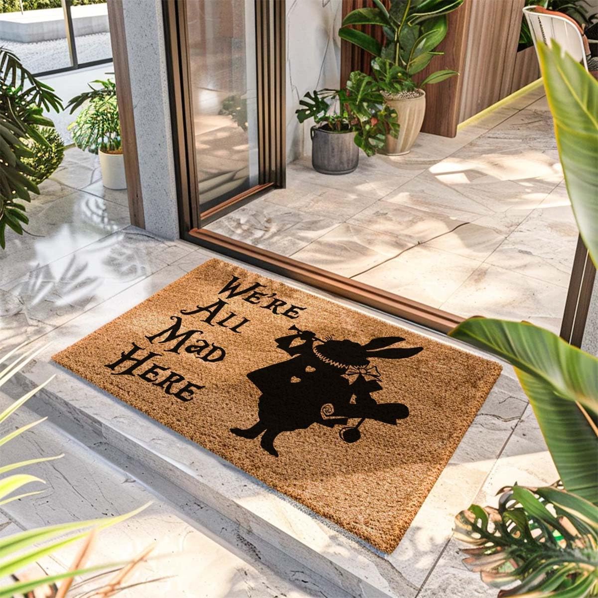 Funny Coir Doormat Welcome Front Porch Decor Mat for The Entrance Way Personalized Rugs with Heavy-Duty Backing Non Slip Outdoor Coir Matt 23.6 x 15.7 inch (We're All Mad Here)