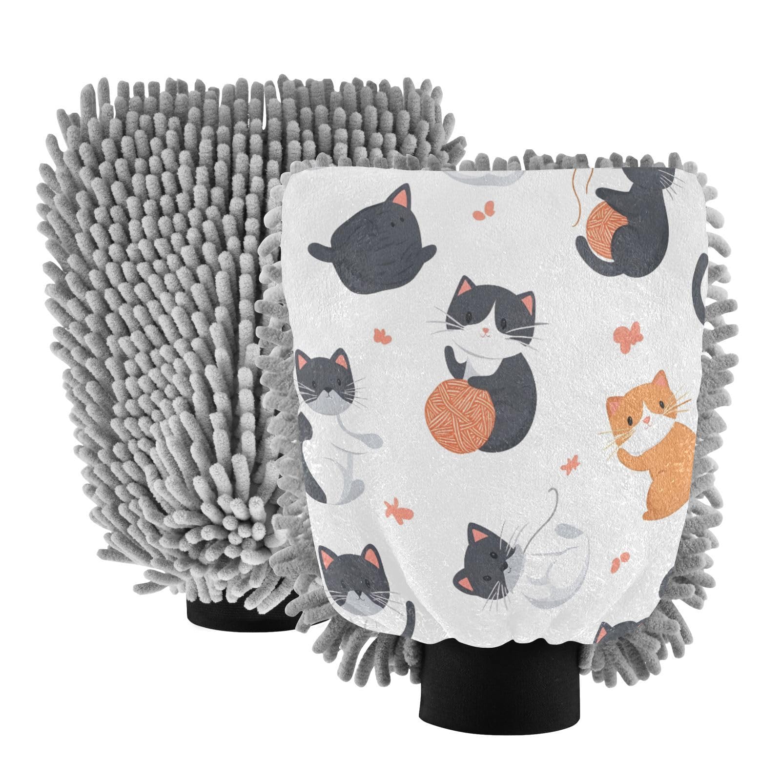 STAYTOP Cute Cartoon Cat Car Wash Mitt Microfiber, 2Pcs Scratch Free Lint-Free, Premium Chenille Microfiber Mitt Car Wash Brush-M