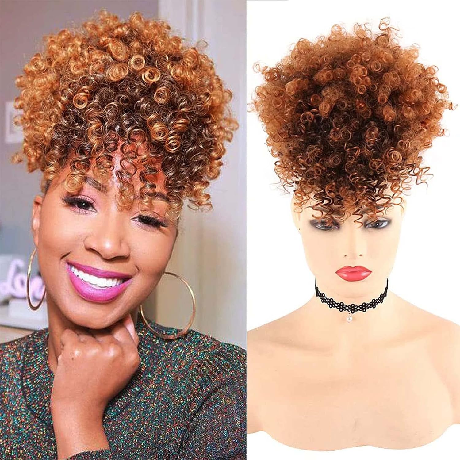 LEOSA Wig Afro Puff Drawstring Ponytail Bun with Bangs Heat Resistant Synthetic Short Kinky Curly Ponytail Updo Hair Extensions with Two Clips,Natural looking Curly Women Hairpieces (#1B/30)