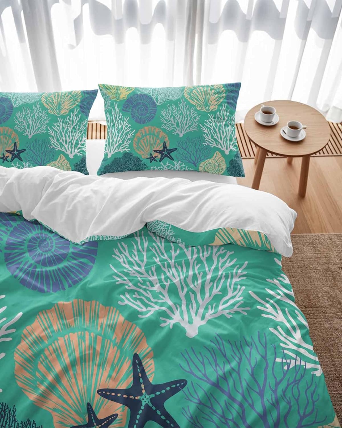 LooPoP Comforter Sets Queen Size Starfish Shellfish Soft Bedding Duvet Cover Sets 3 Pieces Aqua Green Beach Coral Bedding Set with Comforter Quilt Cover and 2 Pillow Cases Bedroom Decor