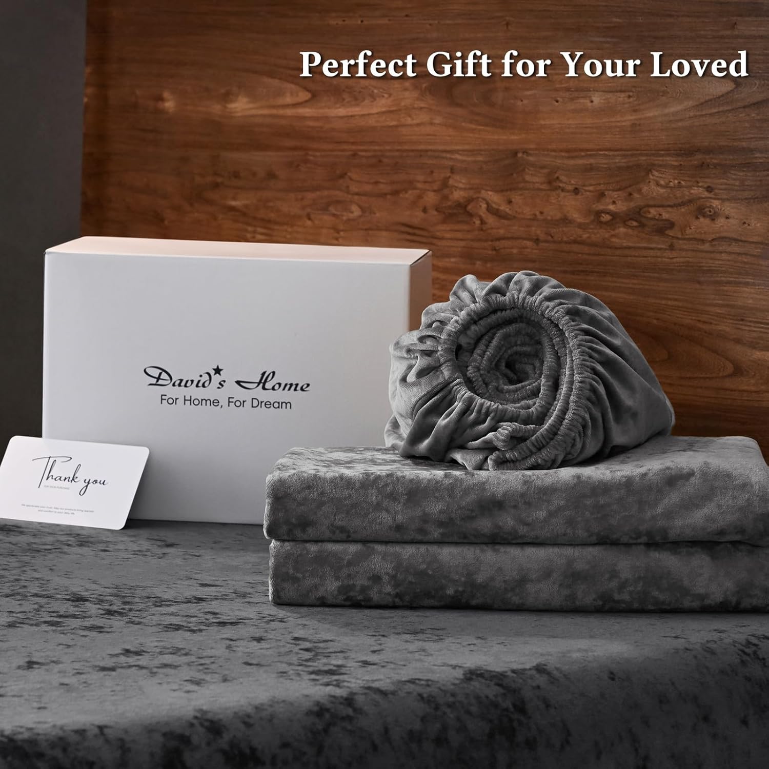 David's Home Velvet Fitted Sheet and Pillowcase Set Twin Size, Extra Deep Pocket up to 18", Soft Plush Fleece Bottom Sheet with Side Pocket & Elastic Corner Straps, Fall Winter, Dark Grey