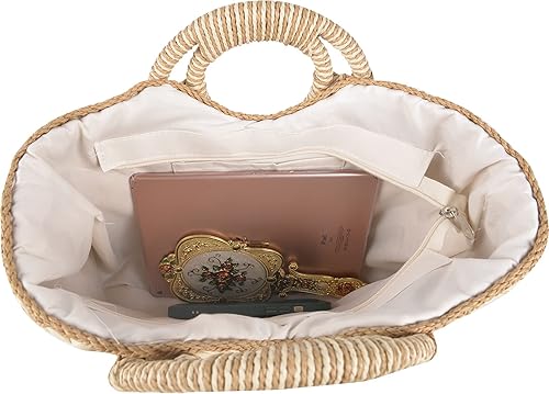 Miniatura 3 de QZUnique Bolsa de paja tejida a mano para mujer para verano playa bolso de mano retro de ratán bolsa de viaje con asa superior redonda de madera