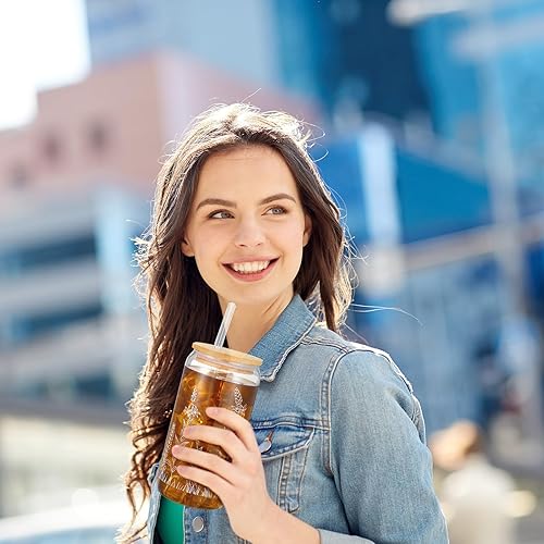 Miniatura 5 de Bokon 3 tazas de café helado floral de Navidad con tapas y pajitas de bambú de 16 onzas, regalo de Navidad, taza de vidrio de flores silvestres para