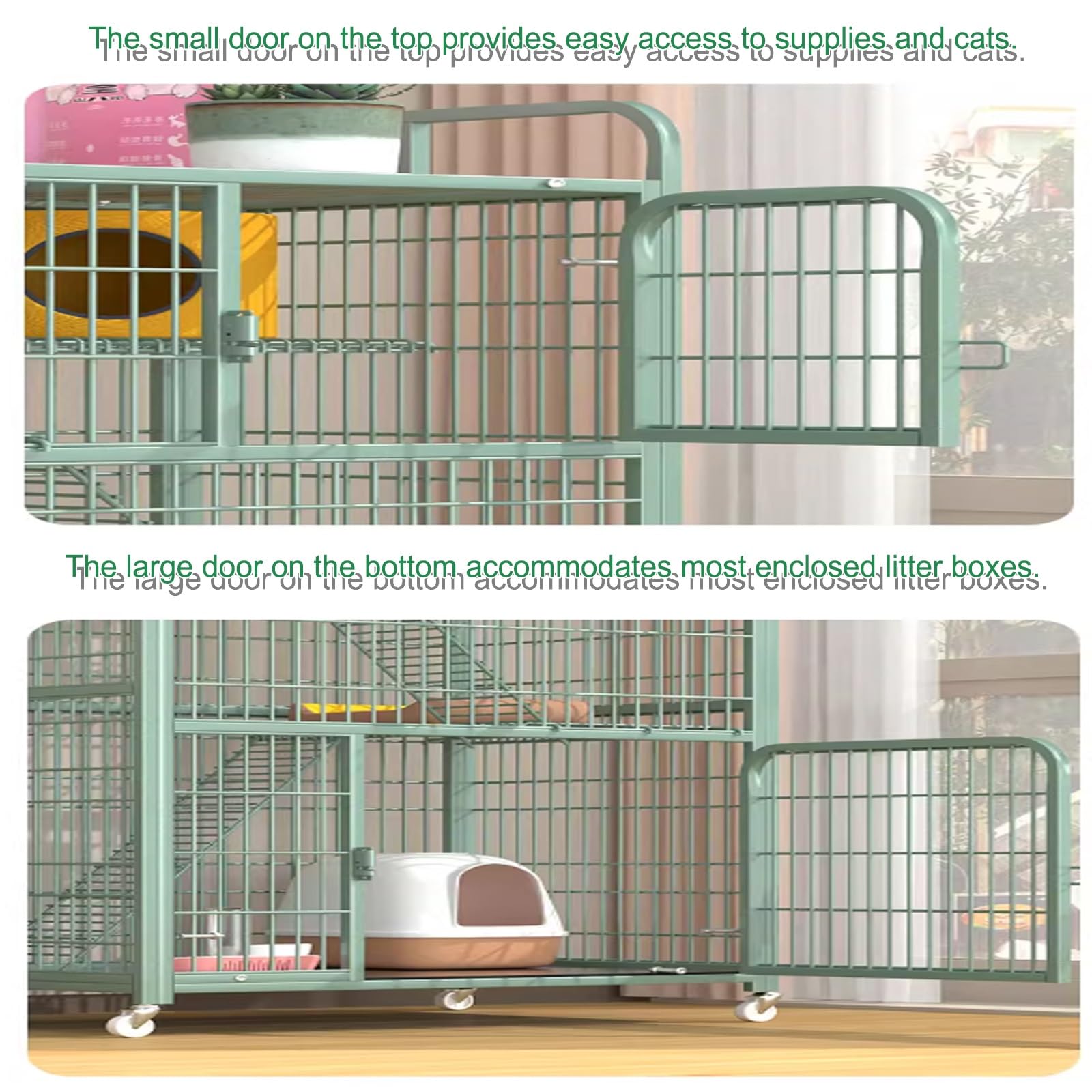 Gabbia per gatti da interno con ruote girevoli, doppia porta e vassoio estraibile per gattini, design multilivello per un facile accesso e pulizia