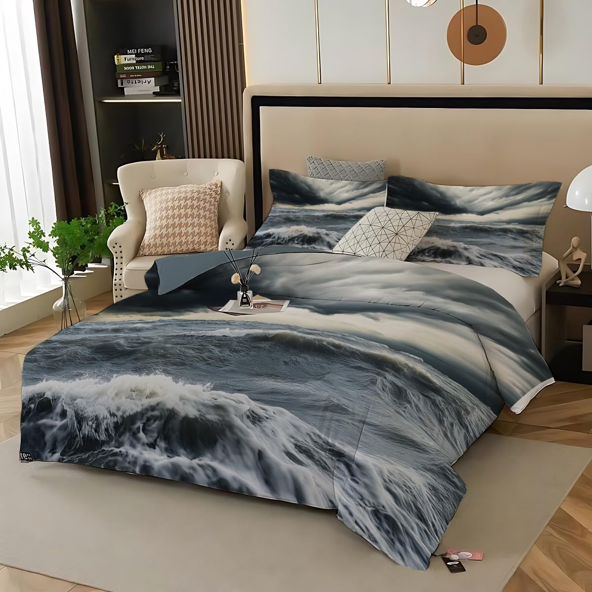Housse de couette 140x200 grise imprimé vagues parure de lit 3 pcs