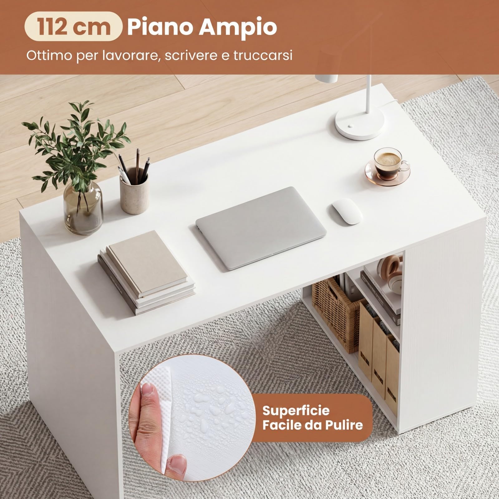 COSTWAY Scrivania Ufficio con Libreria Laterale a 2 Ripiani e Ampio Piano, 112 x 60 cm Scrivania Gaming in Legno, Scrittoio per Computer Salvaspazio per Studio, Soggiorno e Ufficio (Bianco)