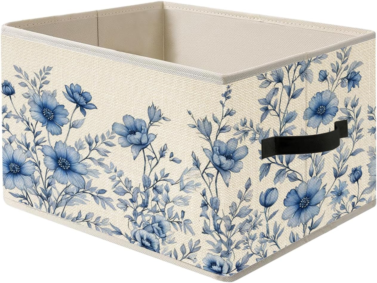 Blue and White Vintage Floral Storage Bin Box with Handles, Grandmillennial Flower Botanical Foldable Organizer Basket Toybox for Girls Dorm Bedroom Bathroom Clothes Toys Books