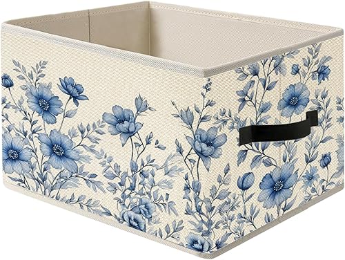 Caja de Almacenamiento Floral Rústica Azul y Blanca con Asas, Canasta Organizadora Plegable Botánica de Flores Grandmillennial Caja de Juguetes para