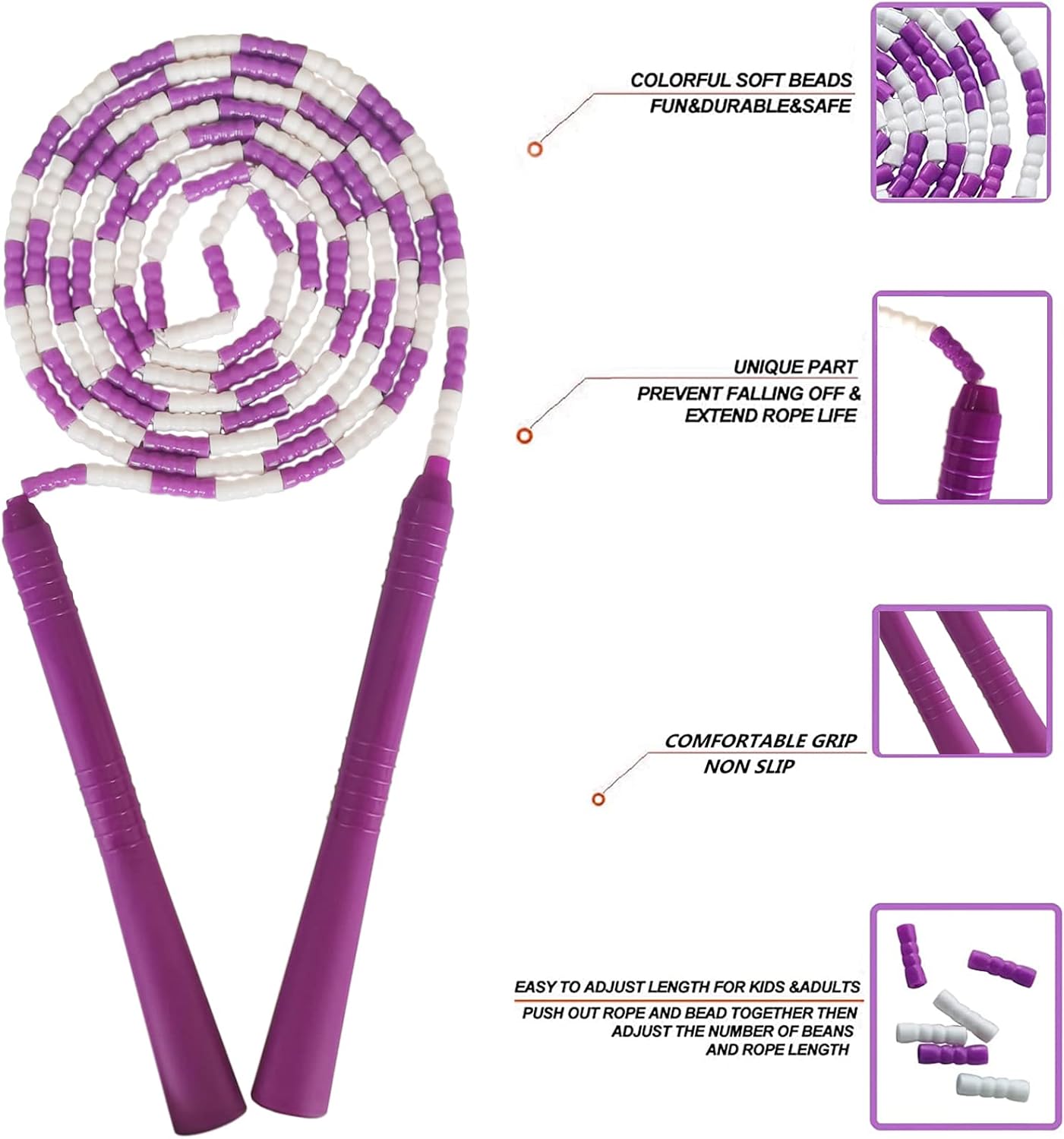 2Pcs Jump Rope Kids Beaded Adjustable Skipping Ropes, Jumping Ropes Tangle-Free for Men, Women Fitness Equipment 8.5 Ft (Purple)