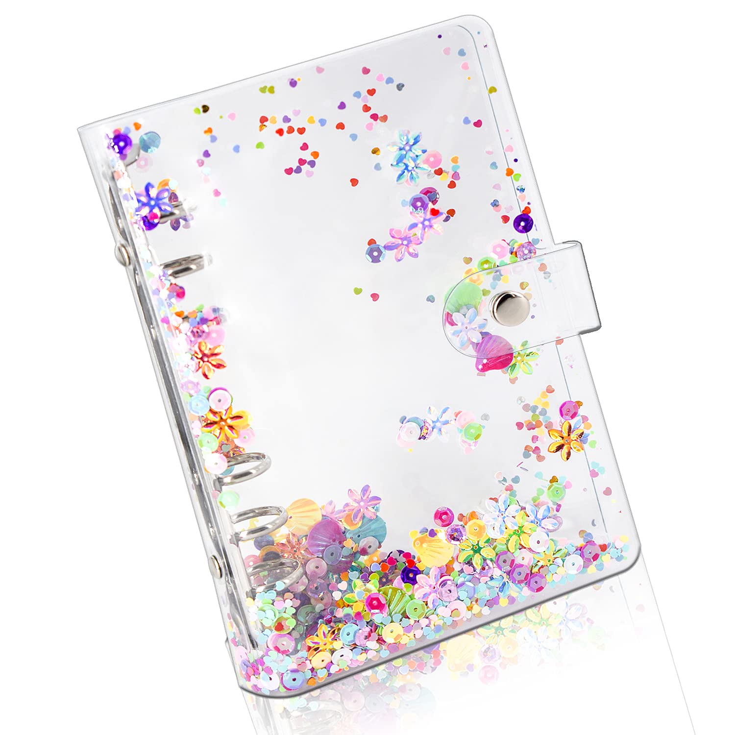 Smarpau A5 Clear Soft PVC Binder Cover With Glitter Sequins - 6 Hole Ring Refillable Paper, Waterproof Loose Leaf Notebook Folder for Home, School and Office Writing Supply