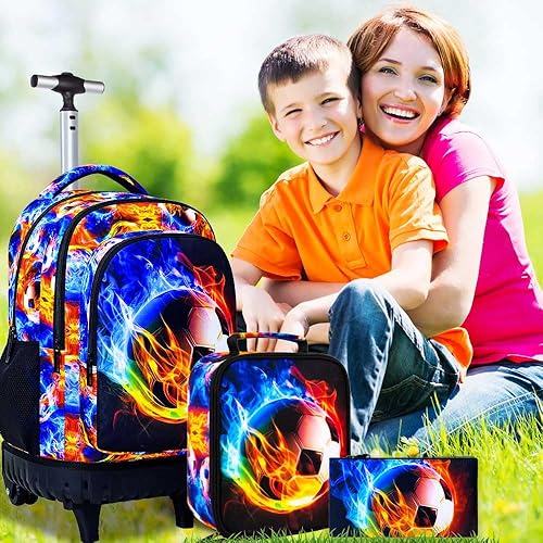 Vista 6 de Mochila con ruedas para niñas y niños, 3 unidades, con ruedas, con bolsa de almuerzo para niños, bolsa escolar con ruedas para niños, Mochila