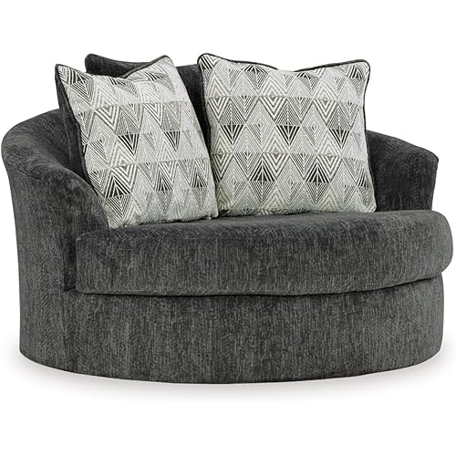Signature Design by Ashley Biddeford Transitional Upholstered Oversized Swivel Accent Chair with 3 Accent Pillows, Black