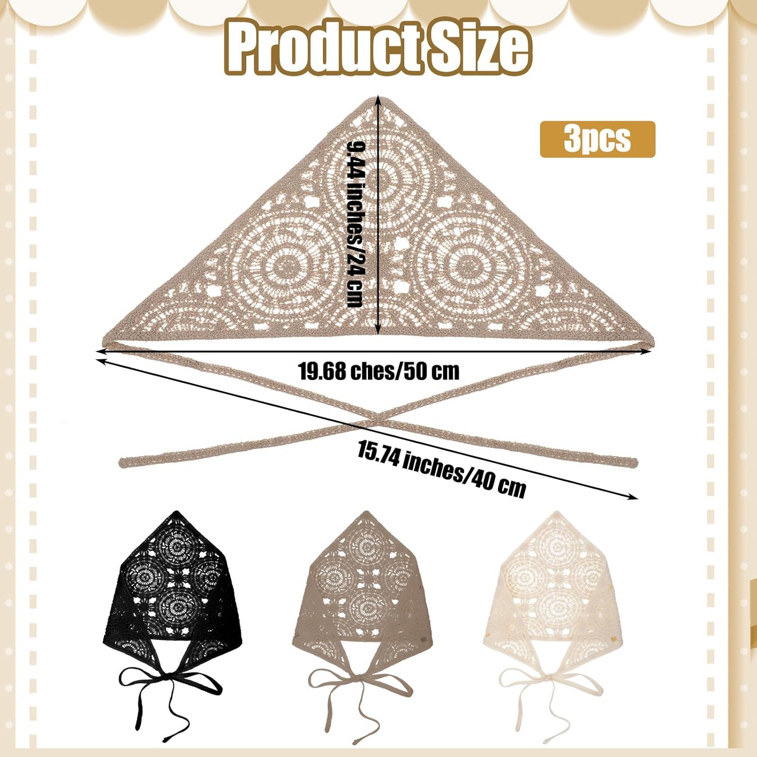 3PCS Hollow Crochet Hair Bandanas for Women, Floral Daisy Headscarf Bandanas Vintage Scarf Headbands for Women Girls Head Kerchief Styling Decor (Black+ Beige+ Khaki)