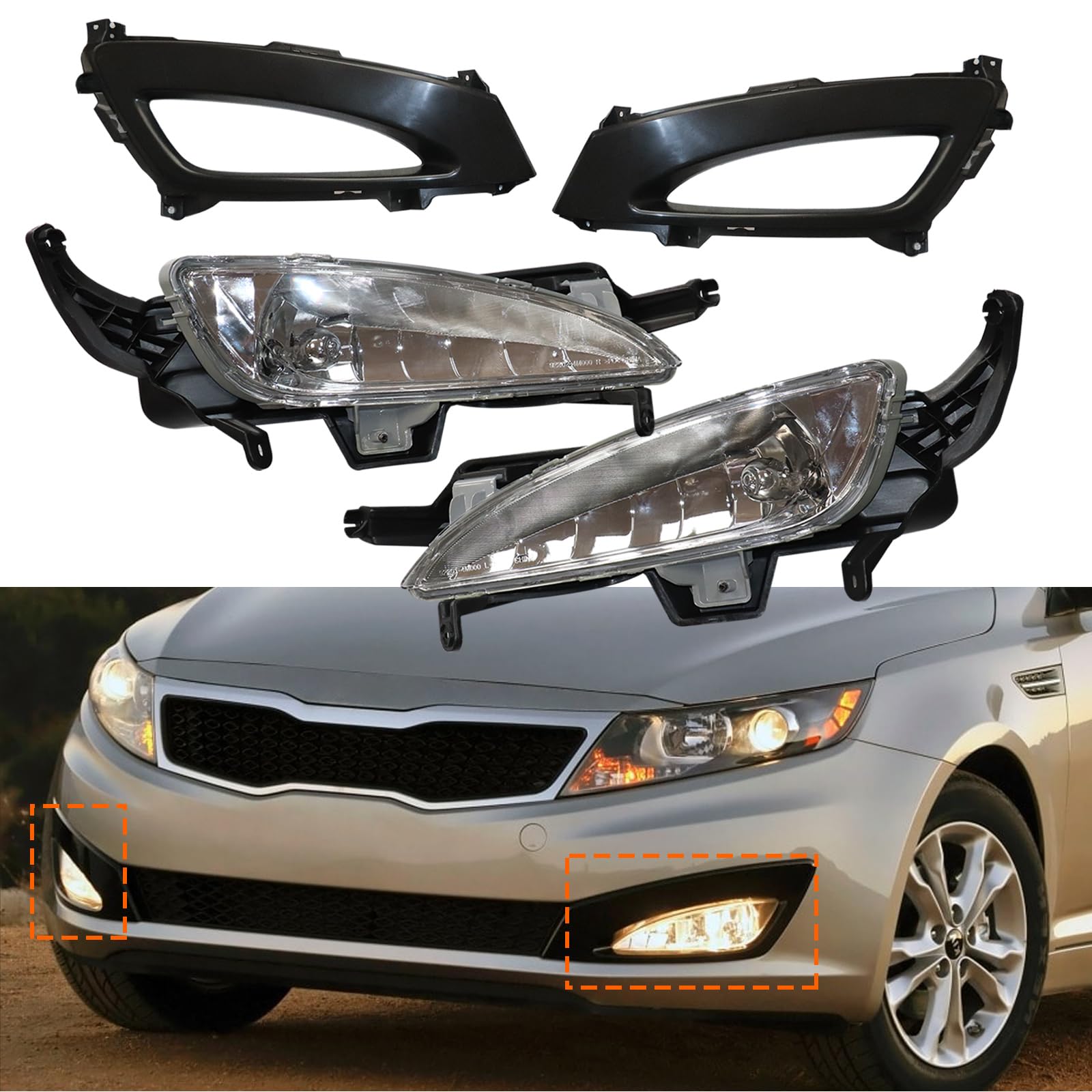 Nozue For 2011 2012 2013Kia Optima,Halogen Front Bumper Fog Lights & Bezels Set,Right and Left Fog Lamps&Covers Assembly Replacement