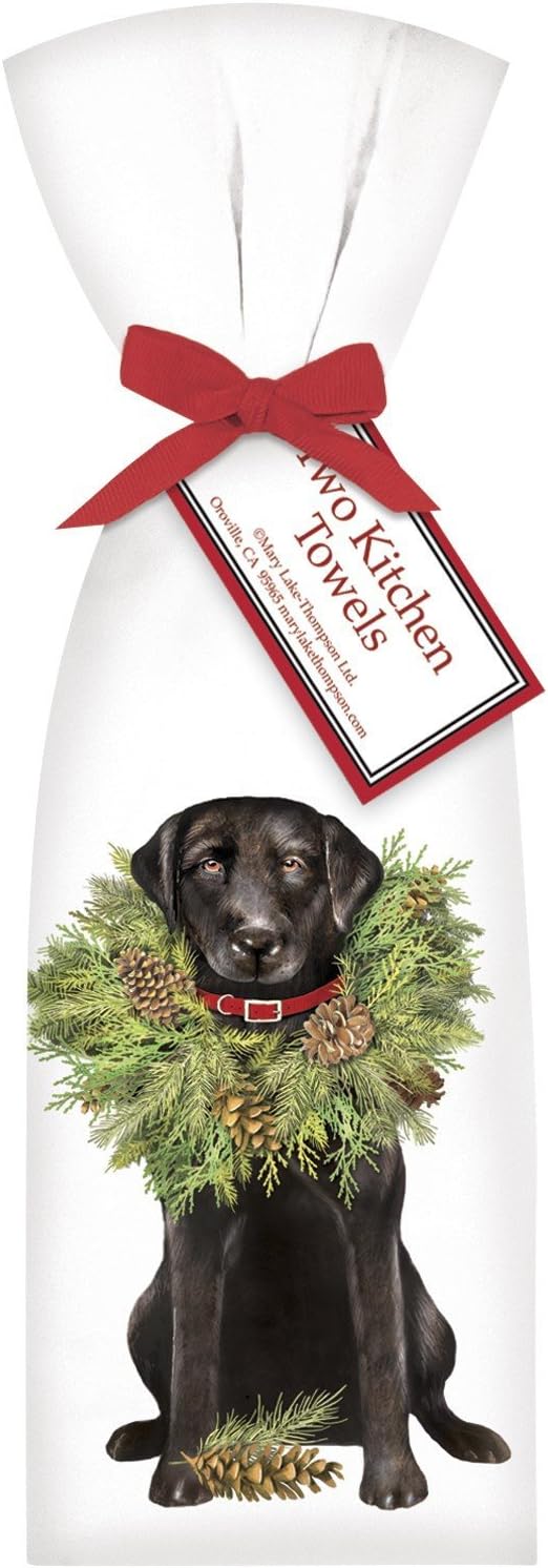 Mary Lake-Thompson Black Lab with Wreath Flour Sack Dish Towels, Set of 2