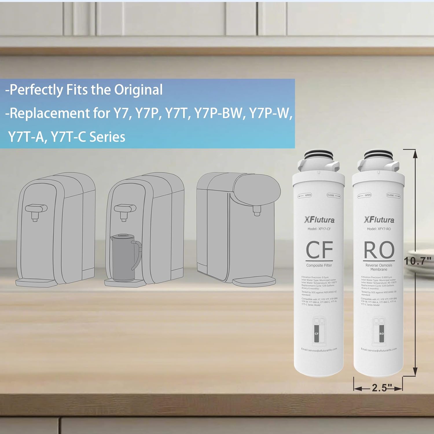 Y7/Y7P/Y7T Series 6-Month Replacement Cartridge Compatible with SimPure Y7, Y7P, Y7T, Y7P-BW, Y7P-W, Y7T-BW-A, Y7T-BW-C, Y7T-A, Y7T-C Series Water Filter, Pack of 2 Filters (1*CF, 1*RO)
