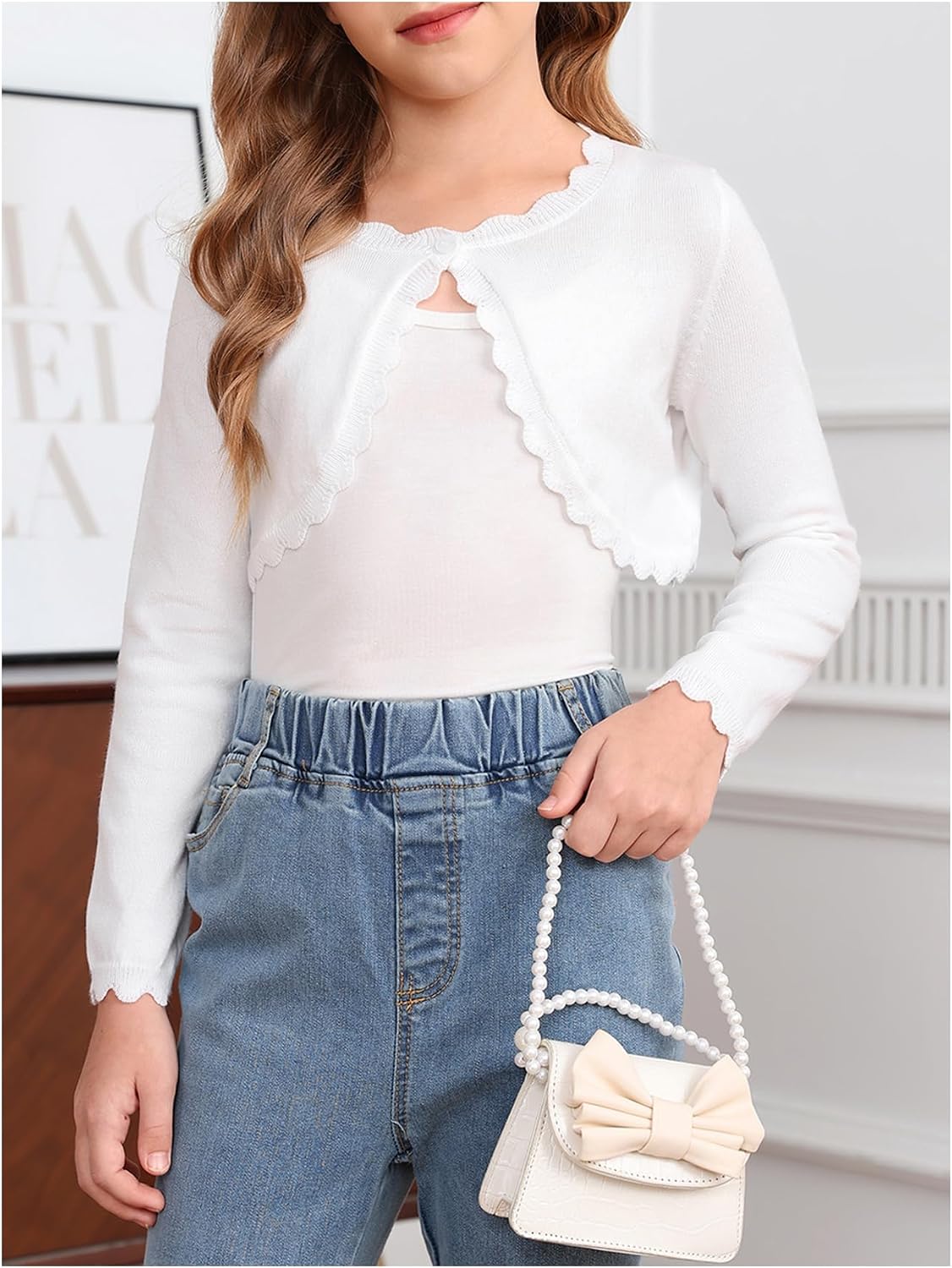 SOLY HUX Girl's Long Sleeve Cardigan Sweaters Scallop Trim Button Open Front Knit Crop Tops