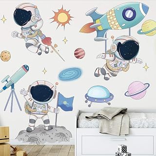 Astronaut Wall Stickers, DILIBRA Planet Space Walk Spaceship DIY Art Vinyl Removable Murals Wall Decals, Cartoon Spaceman Cosmonaut Art Decorations for Kids Boys Bedroom Playing Room (Astronaut4)