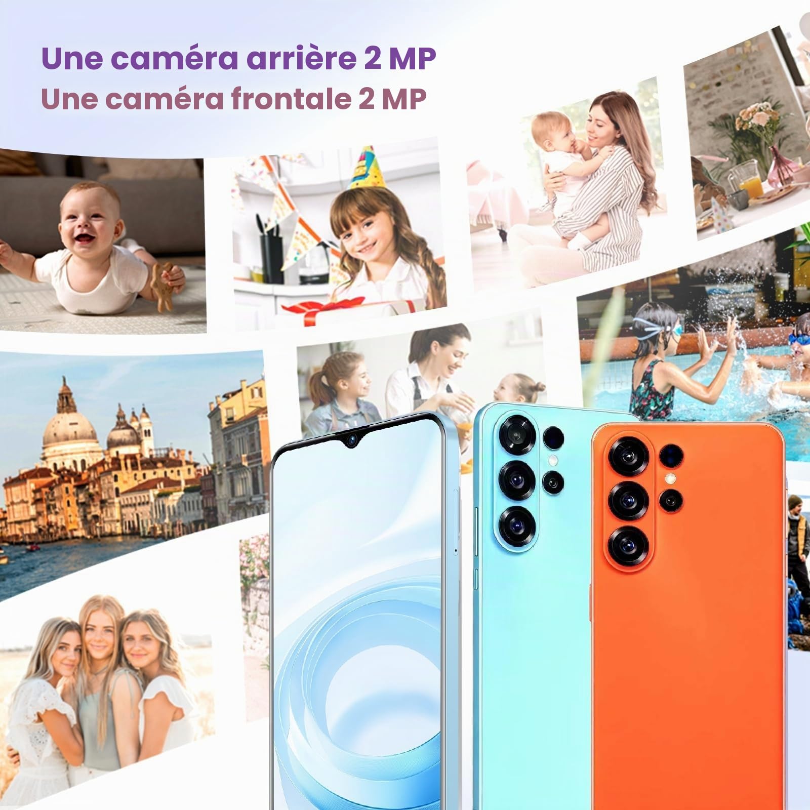 Téléphone sans contrat, écran 6,5 Pouces, 2MP + 2MP, Lunette entièrement métallique, 2GBRAM + 32GBROM, Extension TF 128GB, 3G Network, processeur 4- Core Haute Vitesse (Blue)