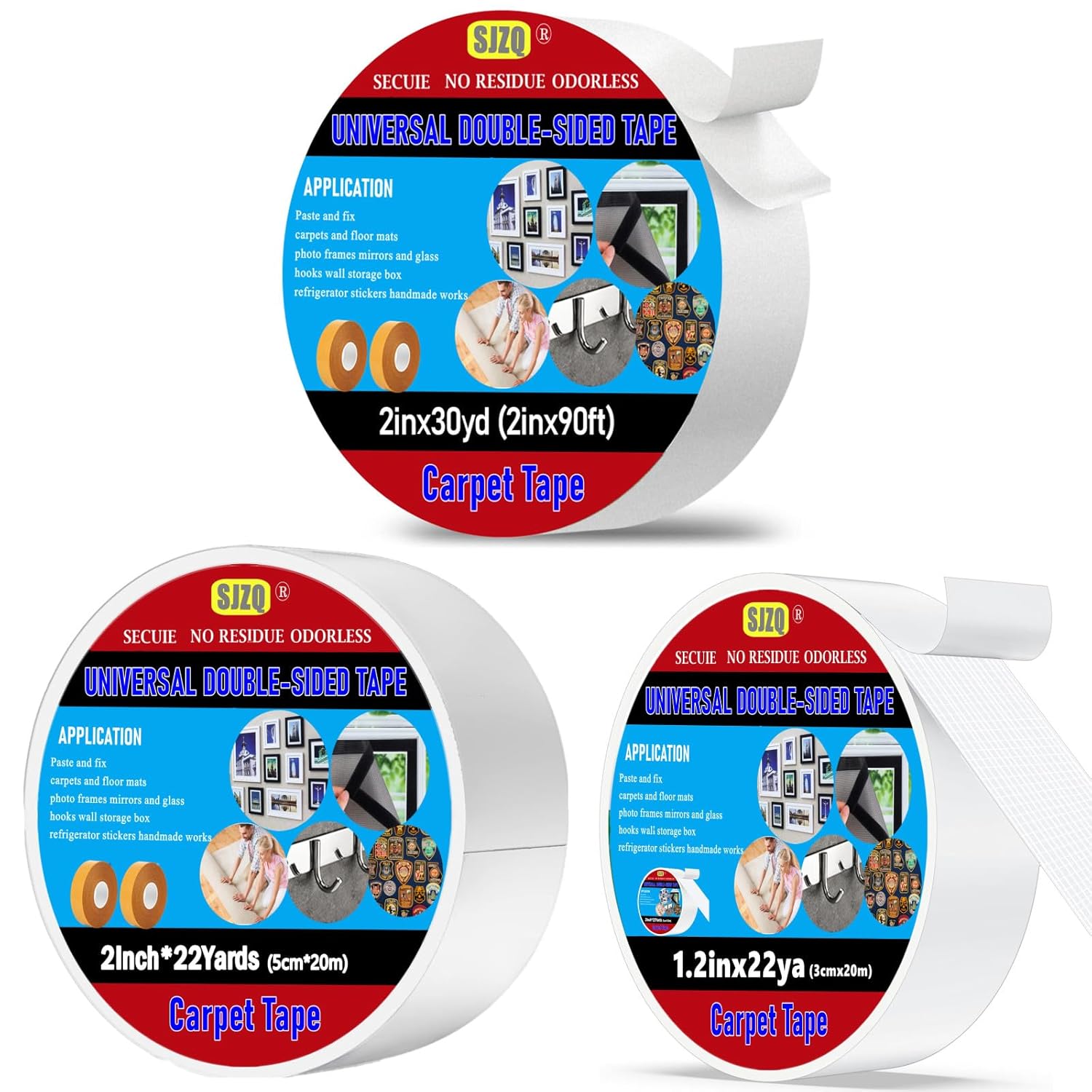 Double Sided Carpet Tape Heavy Duty, No Residue Rug Tape for Hardwood Floors, Strong Hold Carpet Tape for Area Rugs, Mats, Posters on Tile, Concrete, Metal, Glass