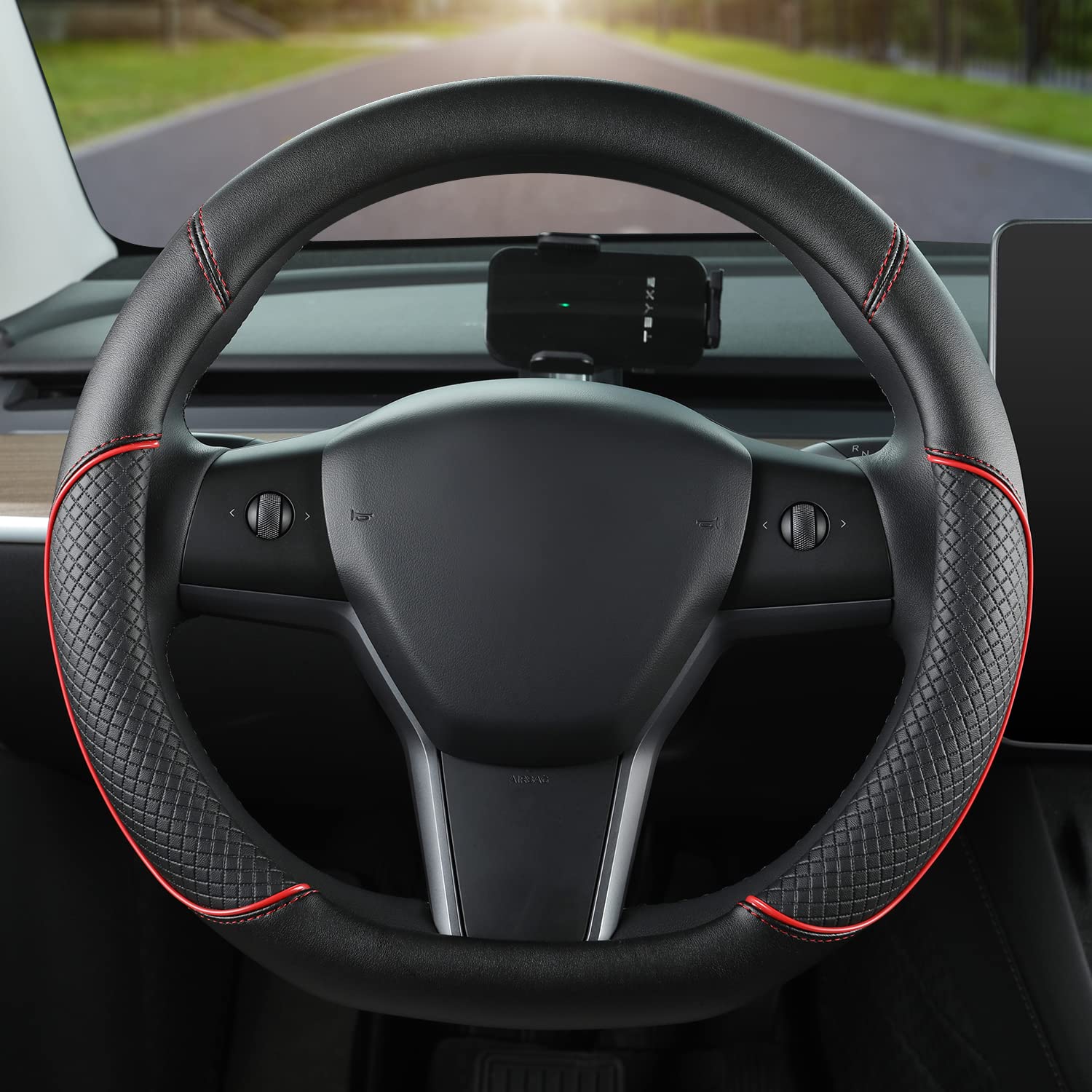 GIANT PANDA Housse de Volant en Cuir PU Compatible avec Tesla Model 3 / Tesla Model Y,Volants Forme D - Noir + Rouge