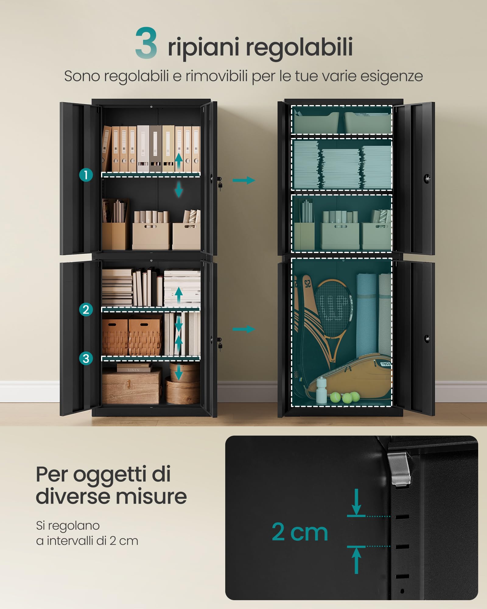 SONGMICS Armadietto Garage a 5 Ripiani con 4 Ante, Armadio Ufficio, 40 x 60 x 180 cm, 2 Serrature, Ripiani Regolabili, Armadio Metallo, Nero Opaco OMC017BD01