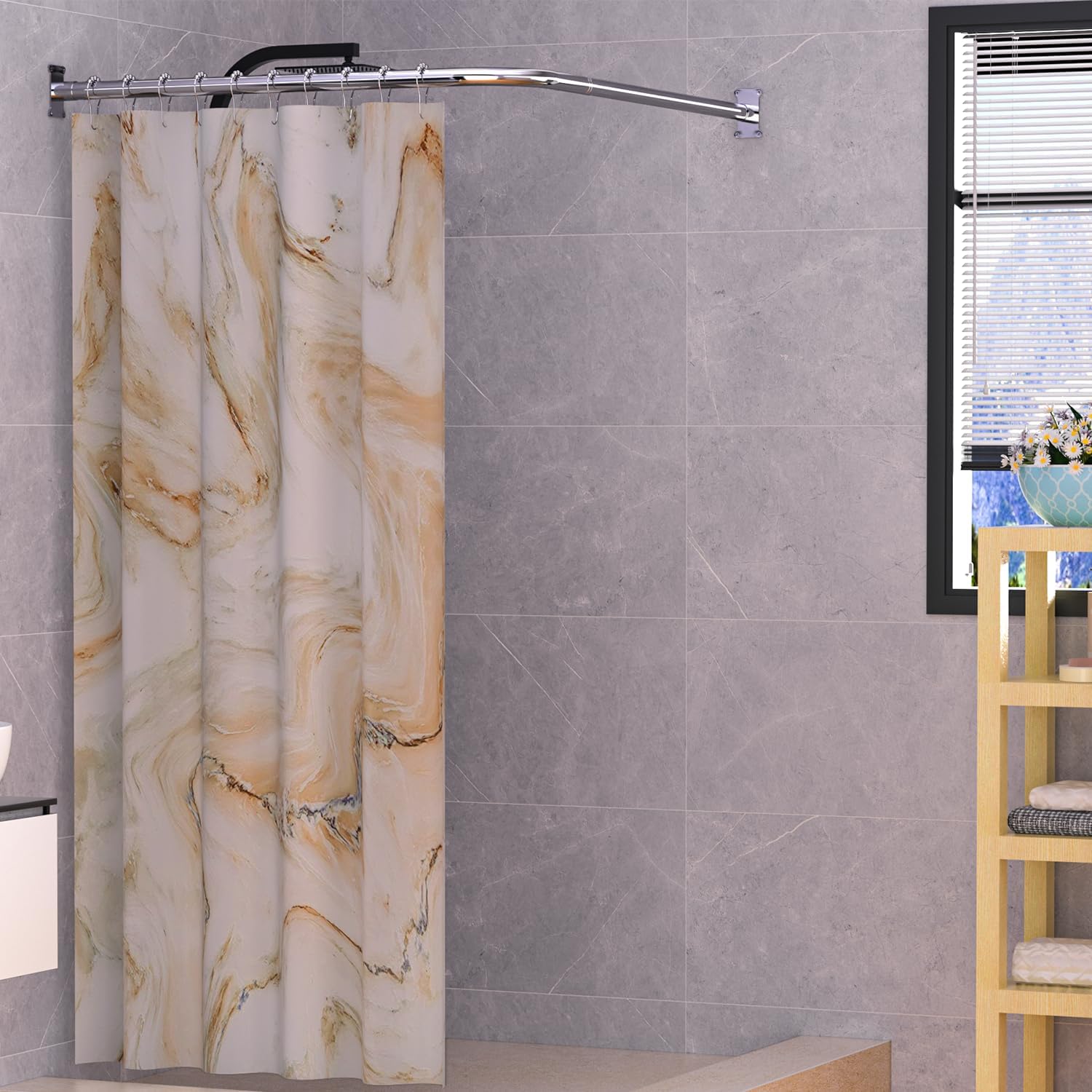 L Shaped Shower Curtain Corner Rod Bathroom Bathtub Corner Shower Curtain Rod for Big Size 27.55"x 63" Silver With 12 Hooks