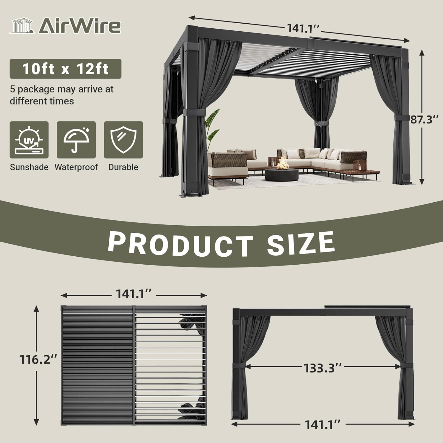10x12 FT Louvered Pergola, Aluminum Outdoor Pergolas with Adjustable Roof, Hardtop Gazebo with Waterproof Curtains & Netting for Deck, Patio, and Backyard