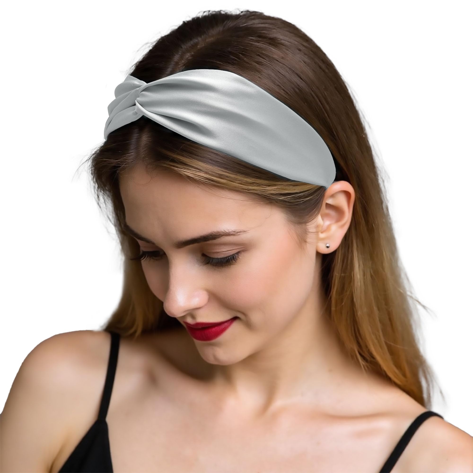ZLYC Mulberry Silk Headband Elastic Twist Knotted Head Bands for Women's Hair(Solid Silver),One Size
