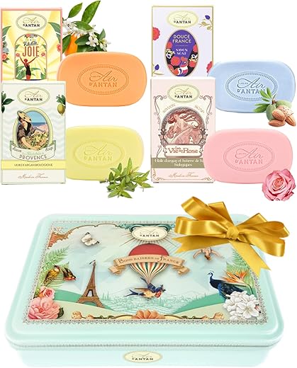 Cofanetto 4 Saponi con Burro di Karitè e Olio di Argan BIO Da Un Air d'Antan®/4 Profumi: Verbena, Rosa, Mandorle, Mughetto, Sapone Idratante/Confezioni Regalo Donna o Uomo/Set Regalo/San Valentino