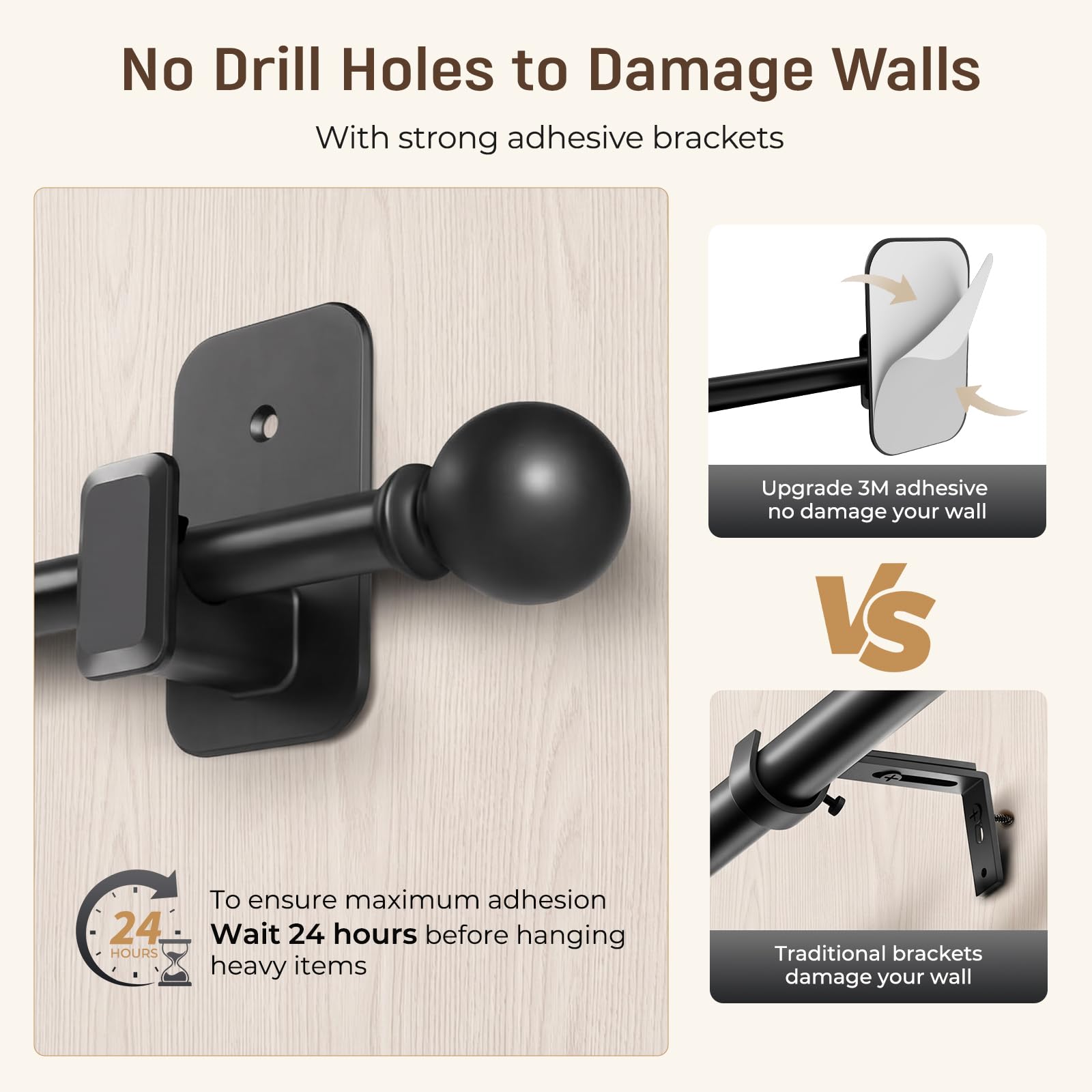 Gardinenstange ohne Bohren, Ø 16 mm, 81-183 cm, ausziehbar | Adhesive brackets, wall mount only, renter friendly, for apartments & dorms, no drill, easy setup