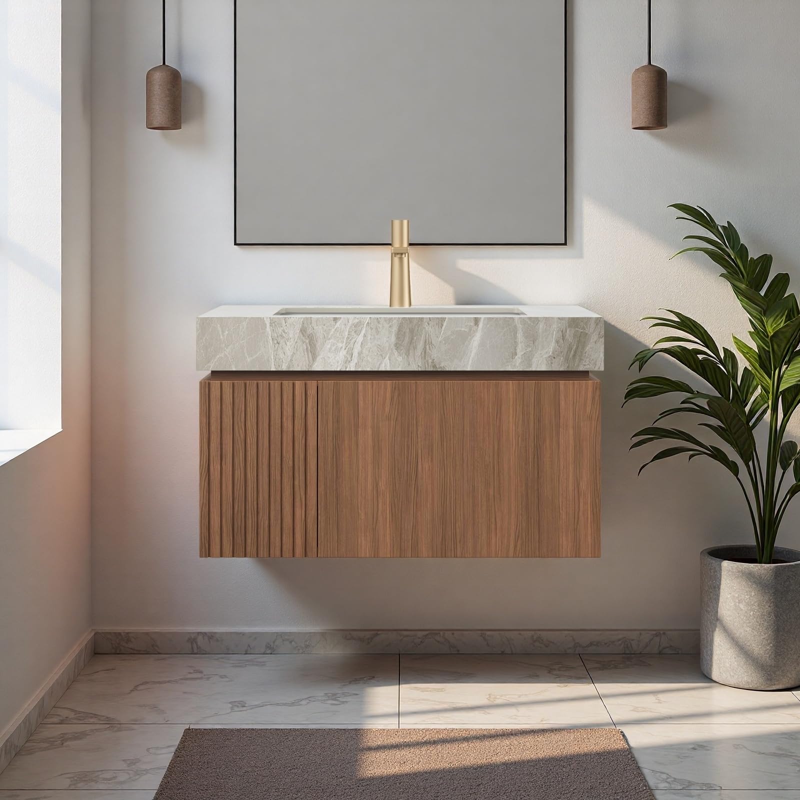 30" Bathroom Vanity with Sink, Wall-Mounted Plywood Bathroom Storage Cabinet with Ceramic Basin &amp; Sintered Stone Countertop, Modern Pre-Assembled Floating Vanity with Drawer &amp; Door, Brown Oak