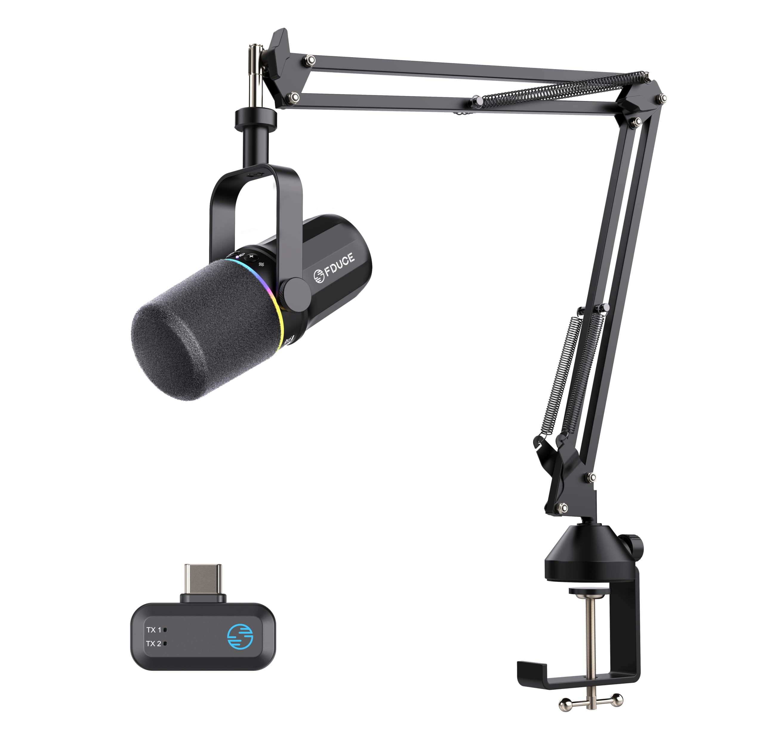 FDUCE SL40W+ - Kit de micrófono inalámbrico para podcast, micrófono dinámico XLR/USB con brazo de brazo, construcción totalmente metálica, cuenta con reducción de ruido y control de volumen, para