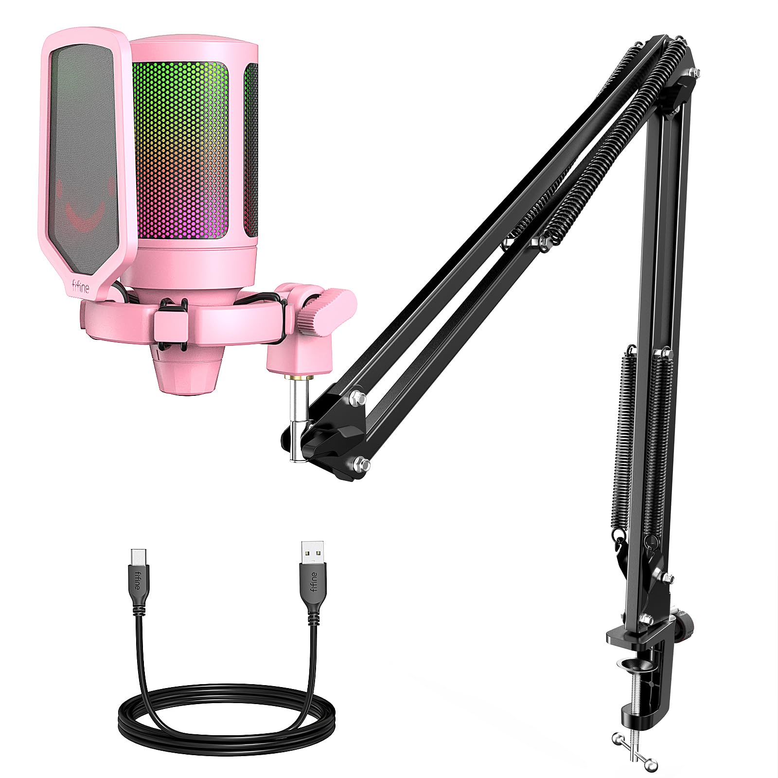 FIFINE USB Microfono PC PS4 PS5, Gaming Micrófono a Condensatore per Streaming Podcasting, RGB Microfoni da Tavolo con Pulsante di Silenziamento