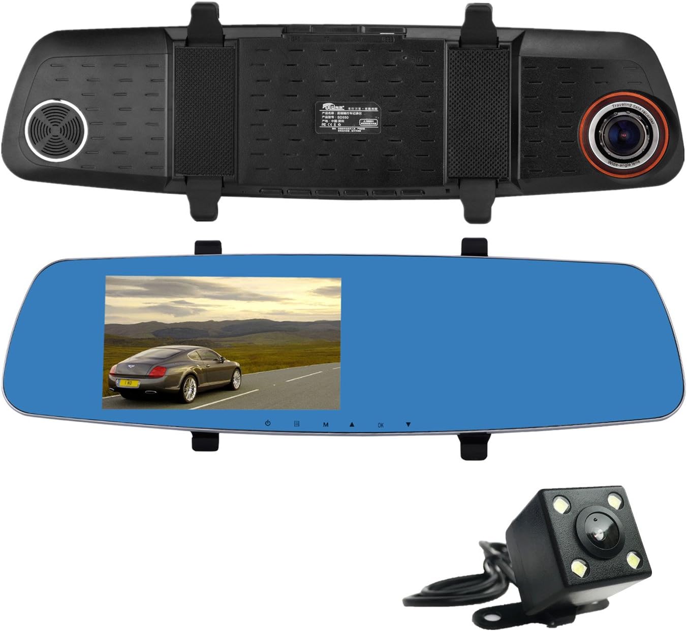 ULU SD550 Dash Cam FHD 5.0" Screen 1080P Front + VGA Rear 290° Super Wide Angle Rearview Mirror Car Dashboard Camera Recorder with NTK96655 Chipset,6G Glass Lens, Night Vision,G-Sensor, Loop Recording