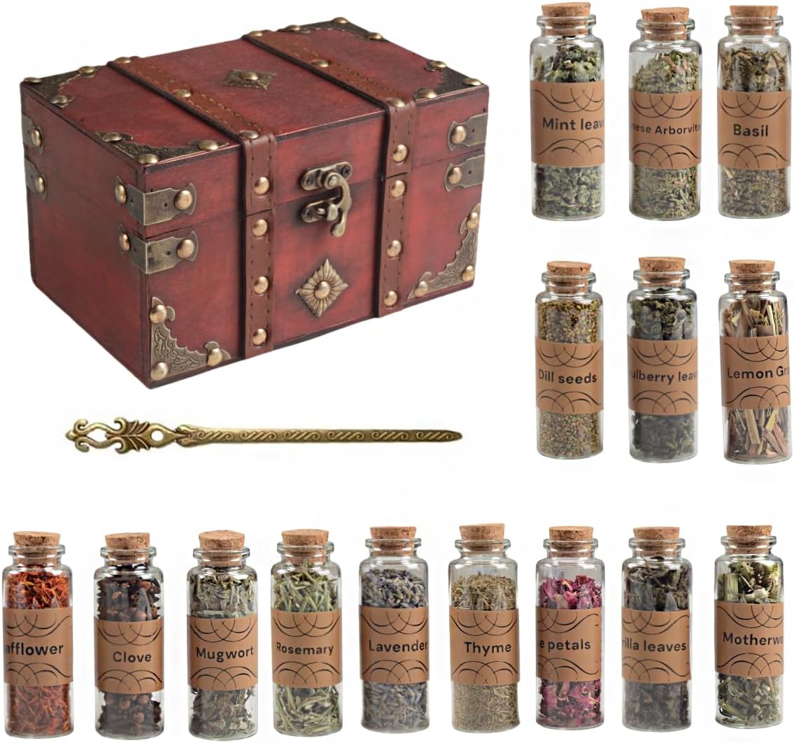 Vintage Wooden Box Herbal Set – Dried Herbs in Glass Jars with Wand | Ideal for Wicca Rituals, Spell Casting, Meditation, Candle Making, Aromatherapy, DIY Crafts (15 Bottles)