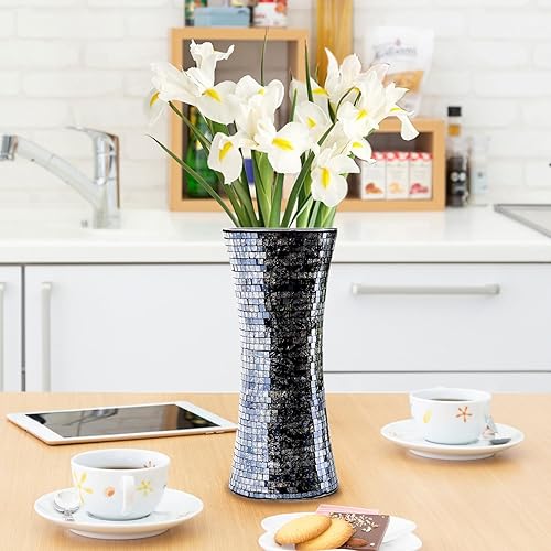 Miniatura 3 de HMRCYTE Jarrón de mosaico de vidrio, 11.6 jarrones de vidrio negro para centros de mesa de flores, decoración moderna con purpurina, jarrones de