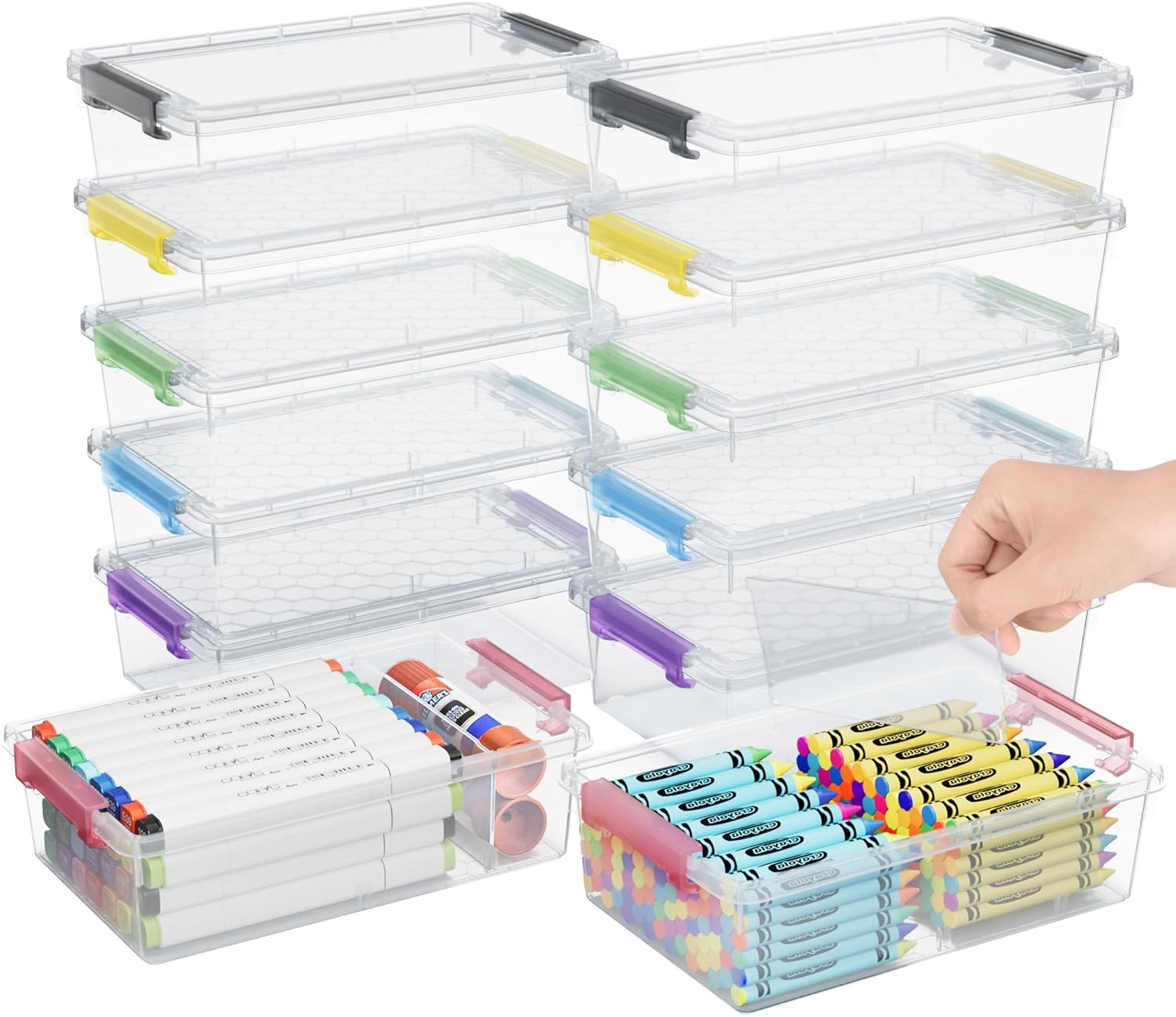 12 Pack Extra Large Pencil Box with Removable Divider, Thickened Pencil Case Bulk, Clear Crayon Marker Organizer Stackable Plastic Small Storage Containers for Pen Craft School Supplies, Multi