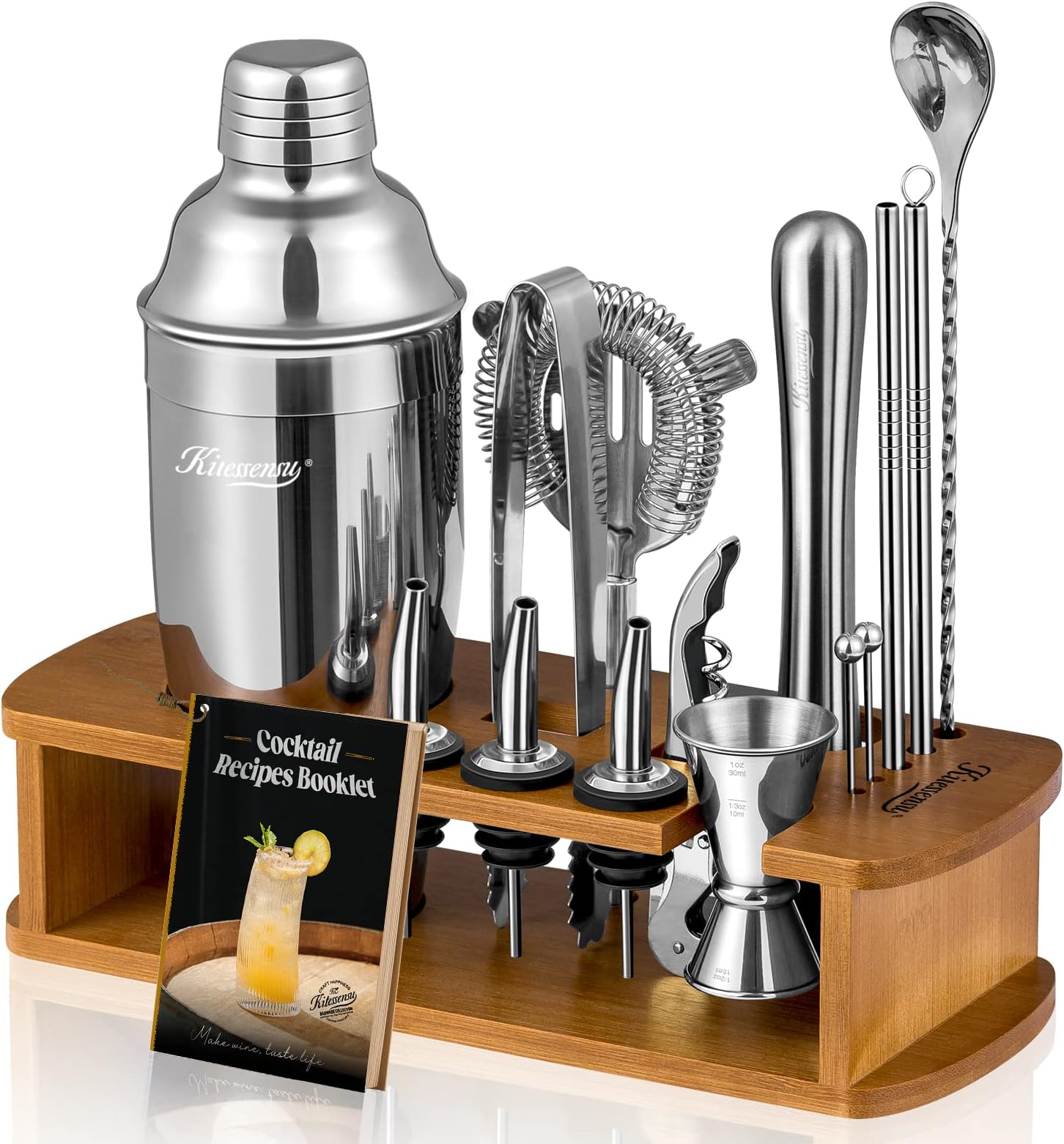 KITESSENSU Cocktail Shaker Set Bartender Kit with Stand | Bar Set Drink Mixer Set with All Essential Bar Accessory Tools: Martini Shaker, Jigger, Strainer, Mixer Spoon, Muddler, Liquor Pourers |Silver