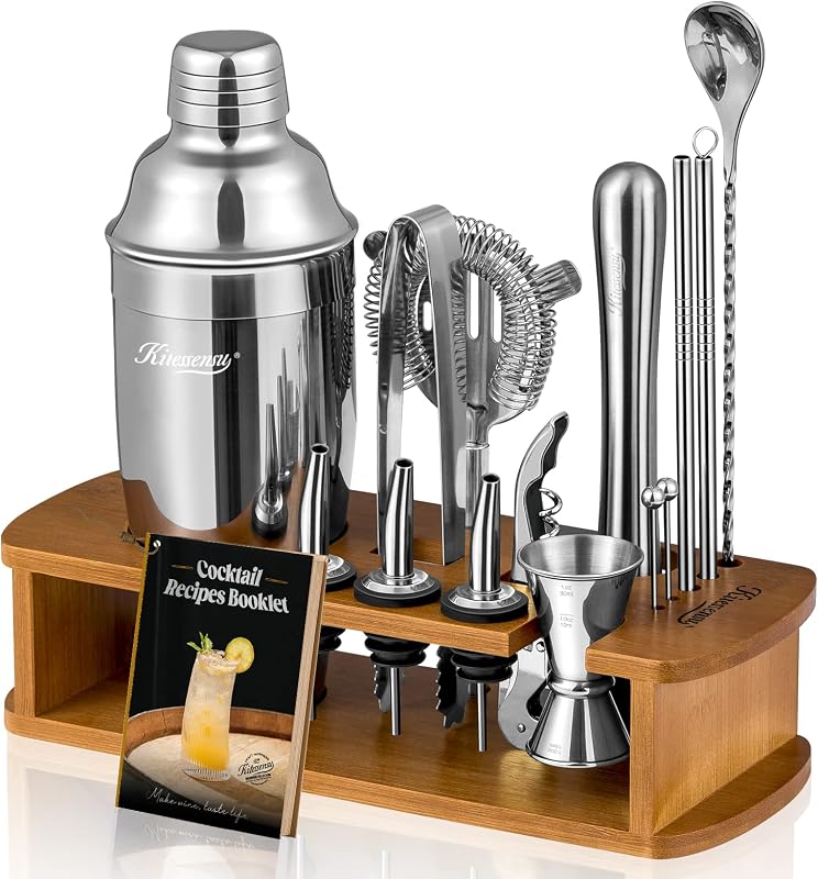 KITESSENSU Juego de coctelera con soporte | Juego de barra mezclador de bebidas con todos los accesorios esenciales: coctelera de Martini, aparejo, colador, cuchara mezcladora, mortero, vertedor de licor | Plata