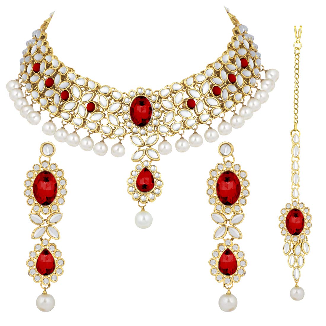 Aheli Indian Wedding Wear Beaded Faux Kundan Pearl Necklace Set with Maang Tikka Ethnic Bharatanatyam jewellery set Gift for Women